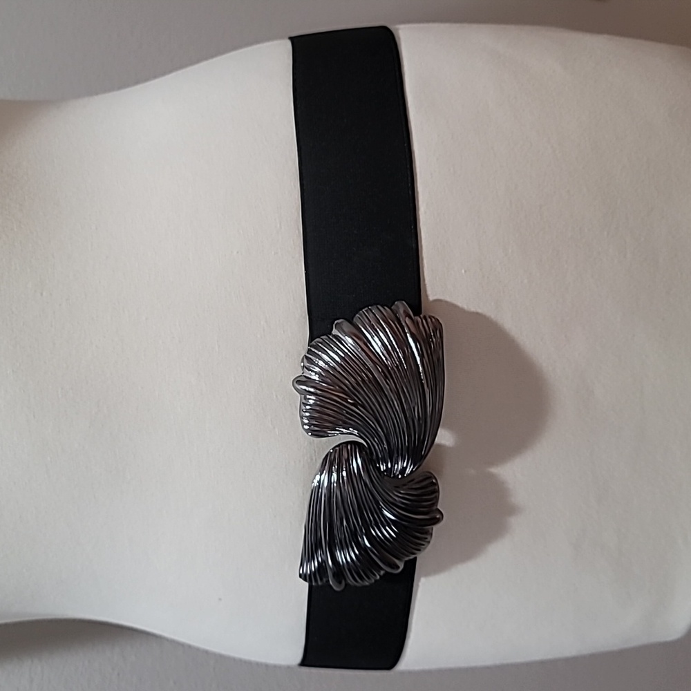 Silver Metal Seashell Belt Buckle Black Elastic Retro Boho Hippie Accessory M/L